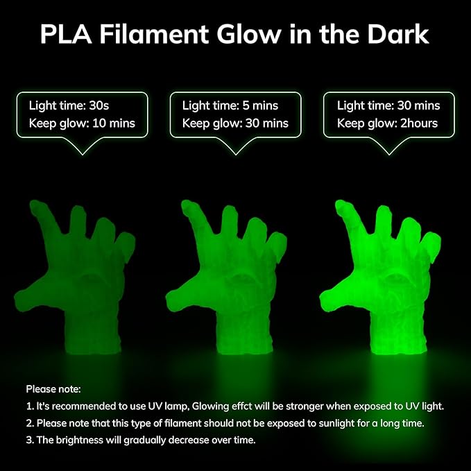 AMOLEN 3D PLA Printer Filament, 1.75mm Glow in The Dark Green PLA Filament for 3D Printing, Best with UV Lamps, 1kg Spool (2.2lbs), Dimensional Accuracy +/- 0.02 mm, Fit Most FDM 3D Printers