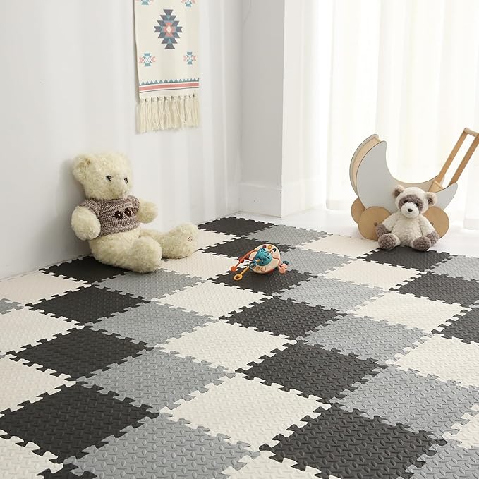 Foam Play Mat for Baby, 0.4 Inch Thicked Interlocking Floor Mats with Solid Colors, Soft Non-Toxic Baby Playmat, EVA Foam Playmat Foam Mats for Toddlers, 16 Tiles(White/Black/Gray)