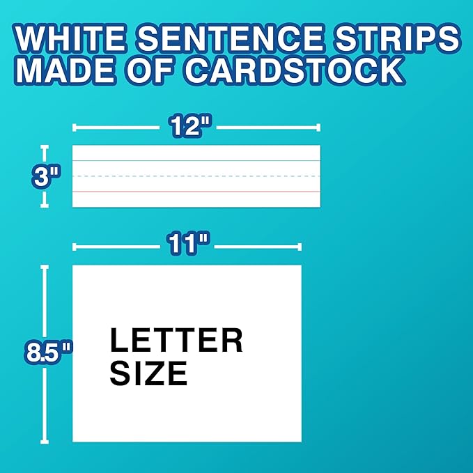Chell Short Sentence Strips Cardstock 3” x 12”, White Ruled Word Learning Strips Nameplates for Teacher Supplies, Pack of 80