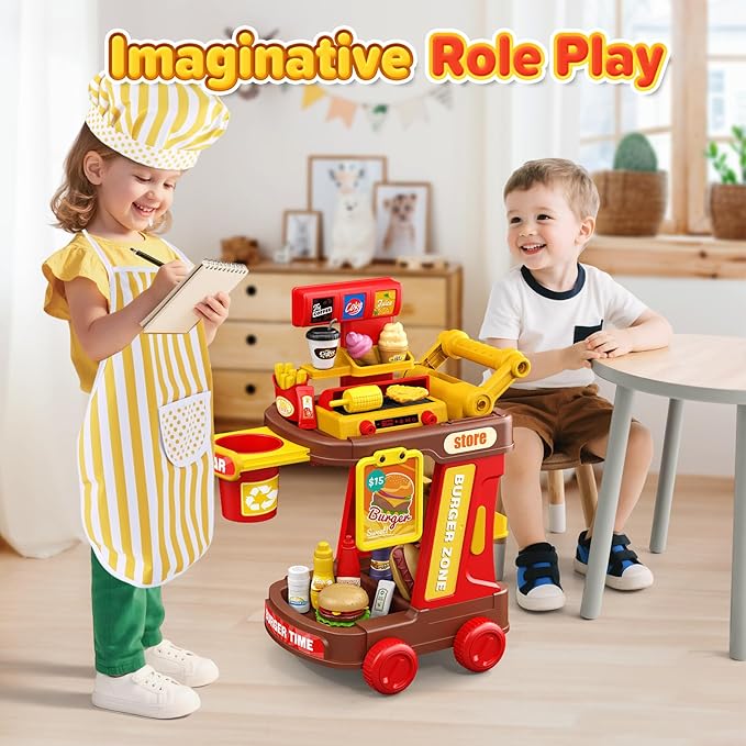 Kids Kitchen Playset - Pretend Play Restaurant Food Set for Toddlers with Cart, Grill and Apron Play Kitchen Toys Accessories with Lights and Sounds Christmas Birthday Gift for Kids Girls Boys Ages 3+