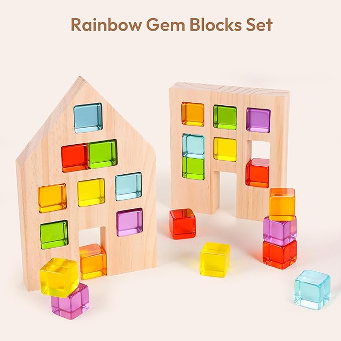 Woodtoe Wooden Building Blocks Set for Kids, 24 PCS Rainbow Gem Cubes Stacking Blocks - 2 Wood House, Montessori Stacking Toy for Toddlers, Educational STEM Learning Toy for Boys Girls 3-6