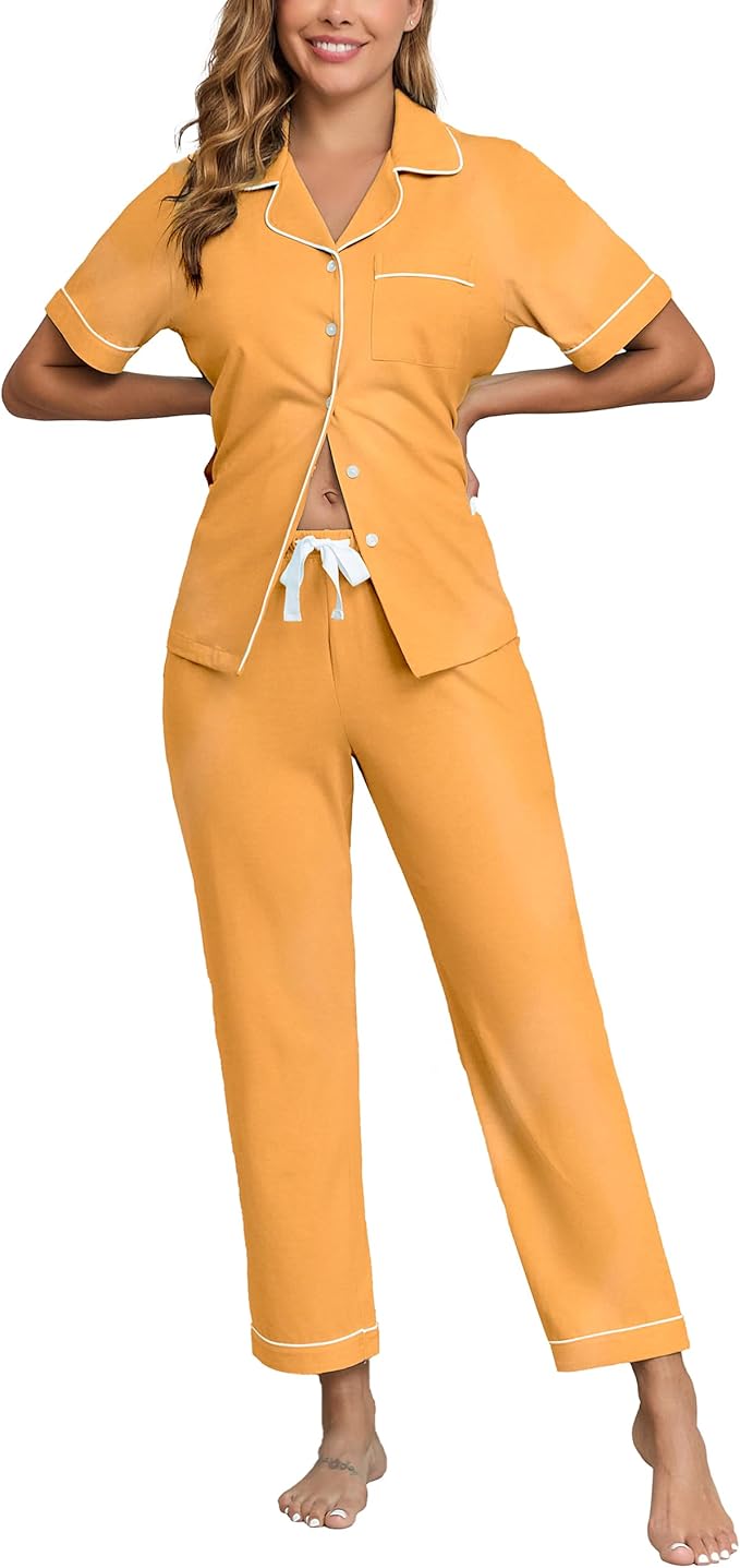 CF Womens 100% Cotton Pajamas Set Button Down Pjs Sets Short Sleeve Top & Long Pants Sleepwear Comfy Loungewear with Pockets
