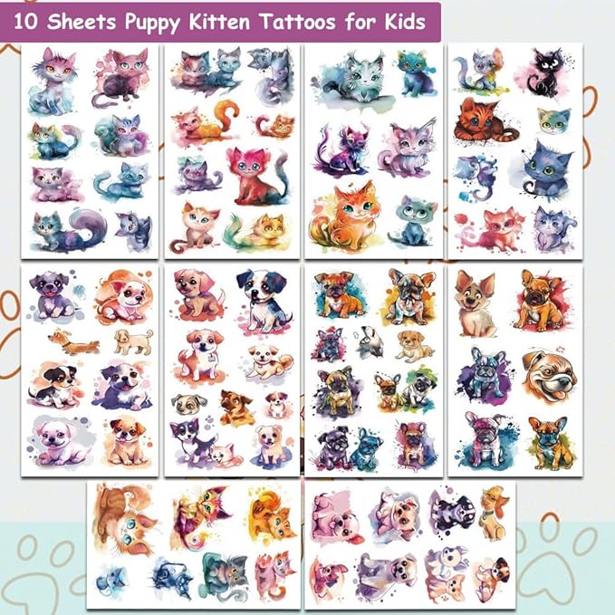 Watercolor Puppy and Kitten Temporary Tattoos for Kids, 10 Sheets Cute Watercolor Dog Cat Pet Tattoos Birthday Party Supplies Gifts Decoration