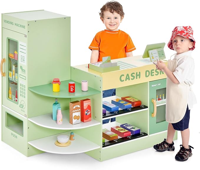 HONEY JOY Kids Grocery Store Playset, Wooden Supermarket Playset w/Cash Register & Vending Machine Toy, Blackboard, Checkout Counter Stand, Grocery Store Pretend Play for Toddler Boys Girls (Green)