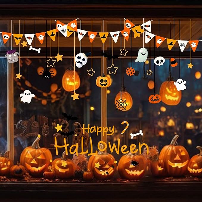 Halloween Window Clings for Glass Fall Static Cling Window Decals 1PCS Cute Ghost Pumpkin Candy Spider Autumn Reusable Window Stickers Home School Office Decorations