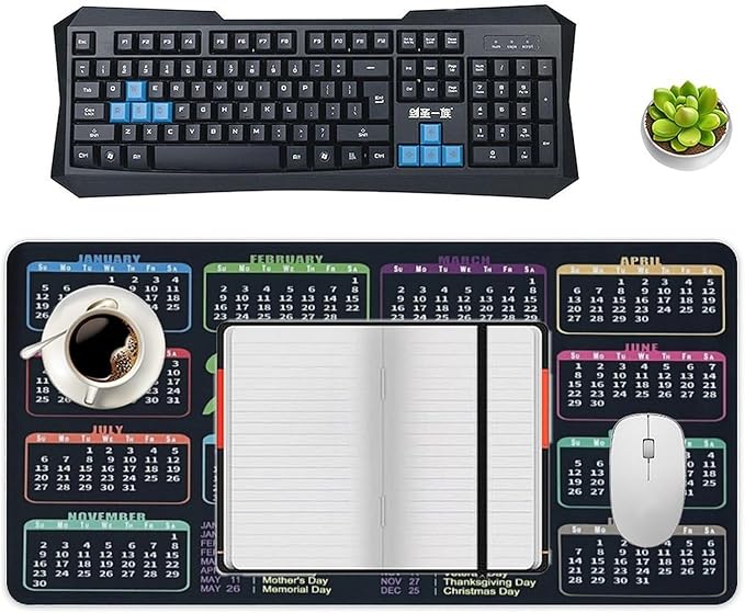 Black Calendar 2025 Desk Pad, Gaming Mouse Pad, Non-Slip Rubber Base, Stitched Edges，23.6x11.8 inch Computer Mouse Mat Keyboard for Home Office