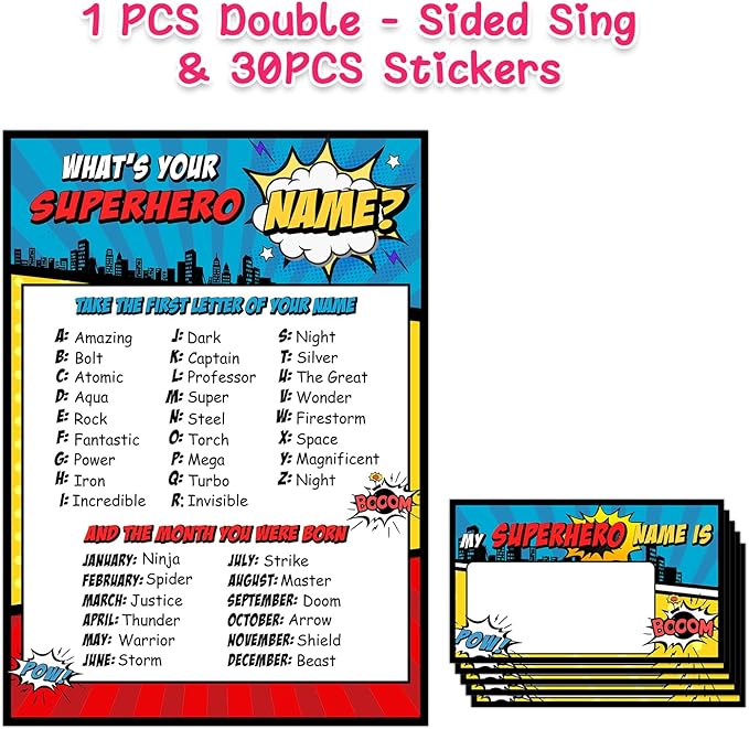 What is Your Superhero Name Game, Game Sign and 30 Cards, Superhero Birthday Party Sign for Boys, Holiday Activity, Kids Superhero Activity Cards, Superhero Activity Decoration Supplies