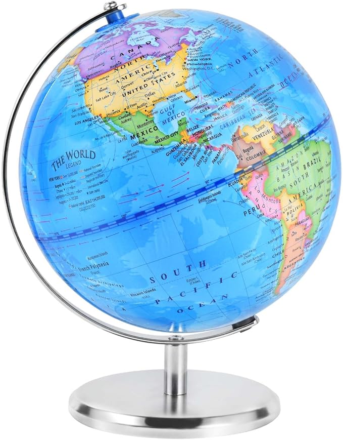 8 Inch World Globe Rotating Earth Spinning Globe with Heavy Metal Stand for Kids Geography Classroom Education or Office Home Decorations