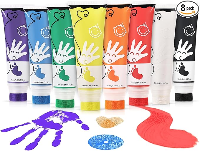 Washable Finger Paint for Toddlers, 8 Colors Large Capacity (2.54fl Oz) with Sponge Tip, Non-Toxic Baby Safe Paint for Hand and Feet, Art Supplies, Preschool Learning Gifts, Ages 1-3 4 5 6+