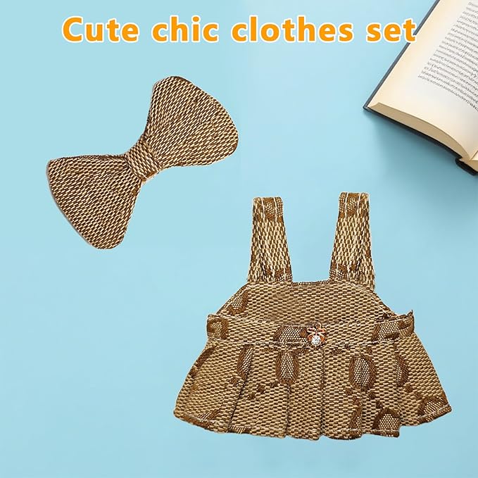 17cm Doll Clothes - Princess Dress with Velvet Hair Bow, Party Outfits for Plush/Blind Box, Luxury Chic Style Set, High-End Fashion Accessories (Brown Dress)