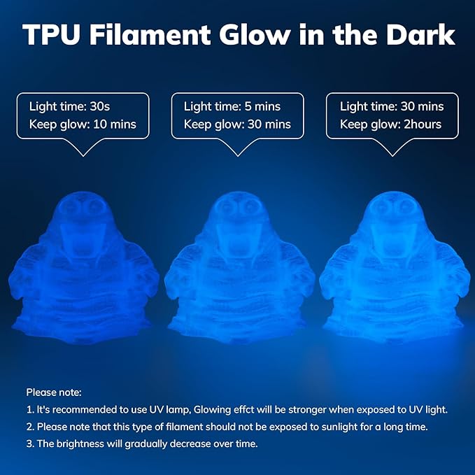 AMOLEN 95A TPU 3D Printer Filament, 1.75mm Glow in The Dark Blue, Soft TPU Flexible 3D Printing Filament, Best with UV Lamps, 1kg Spool, Dimensional Accuracy +/- 0.02 mm, Fit Most 3D Printers
