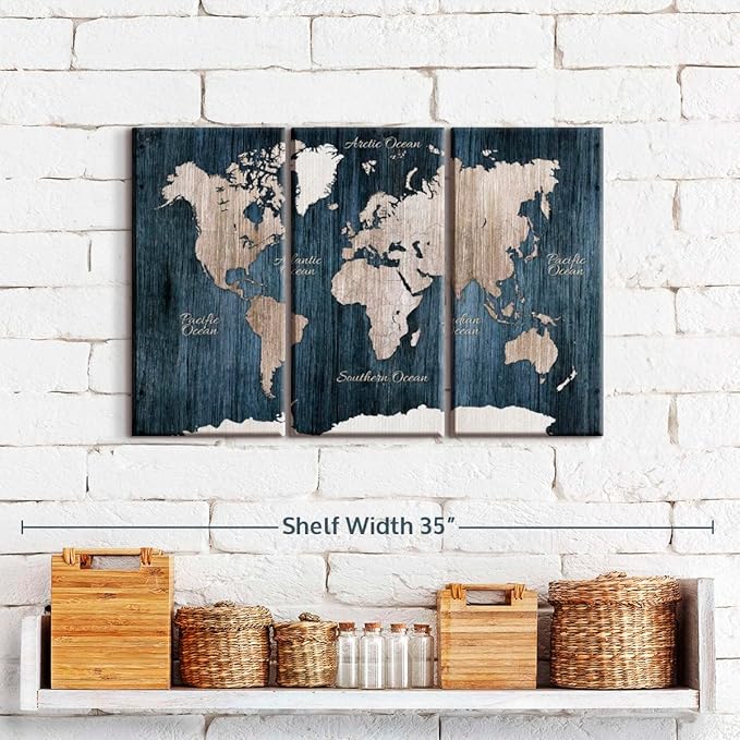 ElephantStock Aged Blue World Map I Canvas - 3 Panel Wall Decor - World Map Digital Art - Blue Wall Art - 23" X 14"