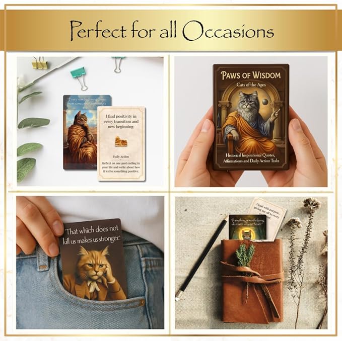 Paws of Wisdom Motivational 54-Card Deck. Cat-Themed Historical Quotes, Positive Affirmations & Daily Actions for Personal Growth. Mindfulness & Self-Care Gift for Women, Adults, Teens, & Teachers