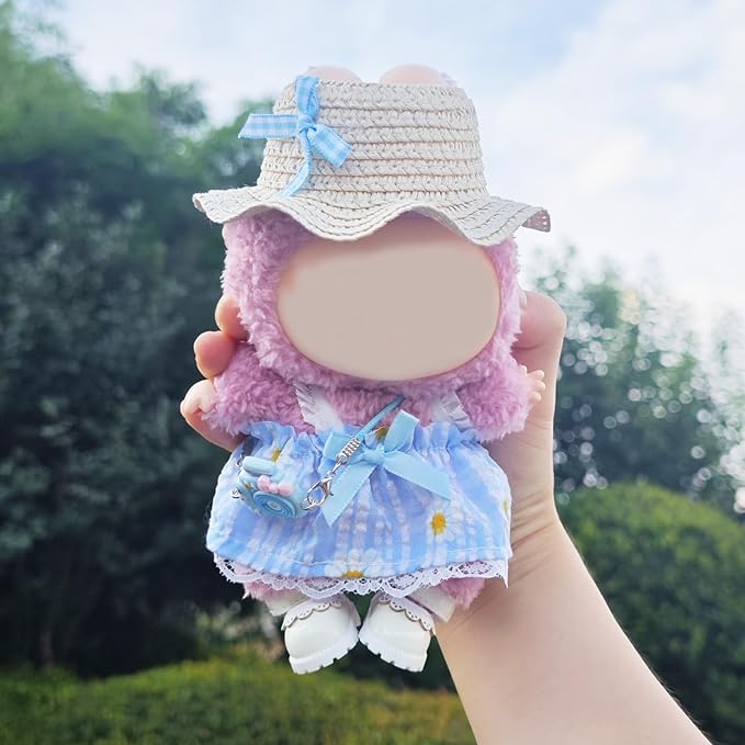 17cm Doll Clothes Set, Cute Girls Outfits and Straw Hat, 4 PCS Cute Hat & Blue Dress Set Stylish Outfits Exquisite Accessories