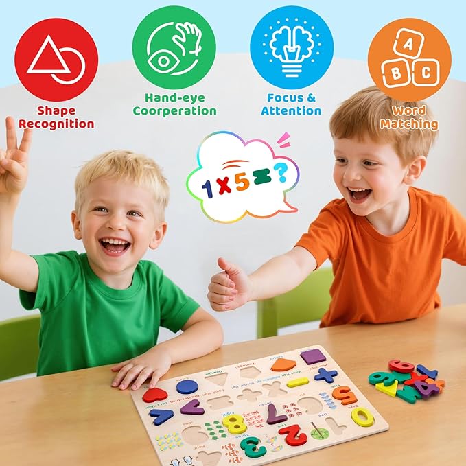 Number Puzzle Wooden Puzzles for Toddlers 1 2 3 4 5 Year Old, Shape Learning Puzzles Toddler Toys with Puzzle Board & Letter Blocks, Preschool Educational for Girls Boys, Pattern Number