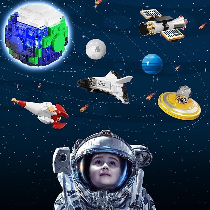 Planet Rotatable Space Sets with Light - Earth & Moon Space Exploration Building Toys with Shuttle Spaceship Science Kits Building Blocks Gifts for Kids Age 8+ Years Old Boys Girls(554 PCS)