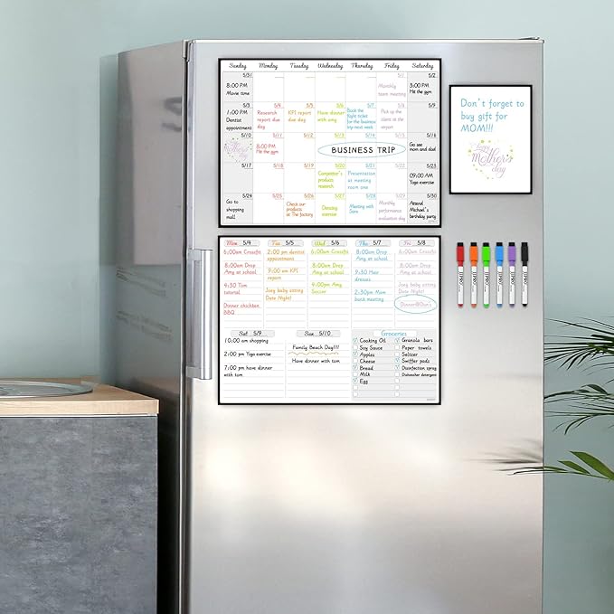 JJPRO Magnetic Dry Erase Monthly Calendar and Weekly Whiteboard for Fridge-Monthly Planner,Weekly Dry Erase Board for Refrigerators,One Bonus Notepad/to Do/Grocery List