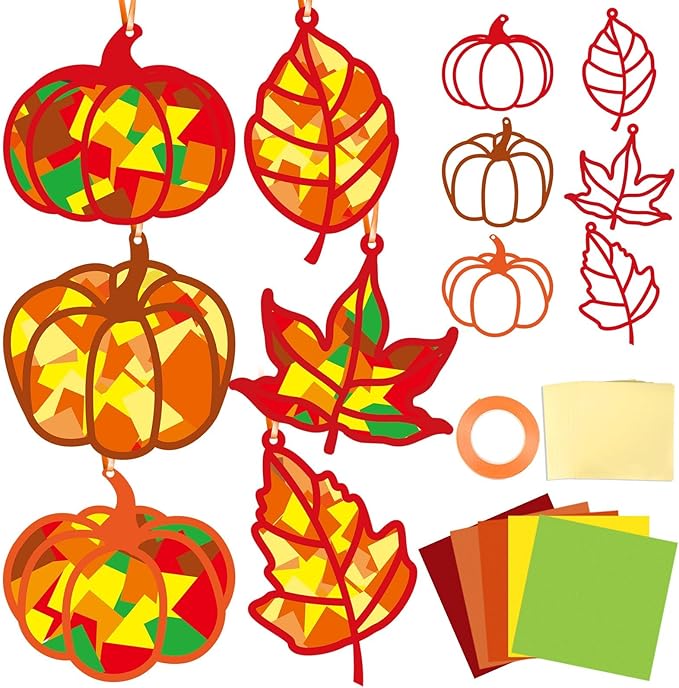Qyeahkj 36 Set Fall Suncatchers Crafts for Kids DIY Autumn Window Tissue Paper Crafts Kit Maple Leaves Pumpkin Hanging Decor for Thanksgiving School Home Activity Art Project Birthday Party Favor Gift
