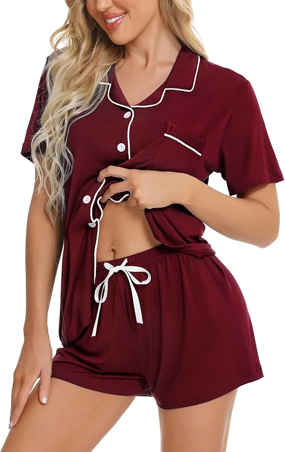 SWOMOG Womens Button Down Pajamas Set Short Sleeve Sleepwear Bride Soft Pj Lounge Sets XS-3XL