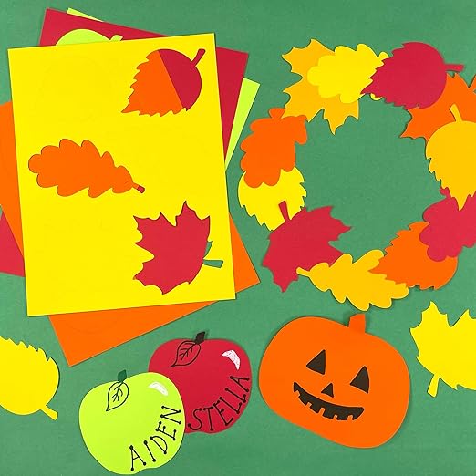 144 Pieces Fall Leaves, Pumpkins, and Apples Punch Out Paper Cutouts in Fall Colors, 2-Sided US Made Card Stock for Thanksgiving and Halloween Crafts, Bulletin Boards, Classroom Decor, Festive Events