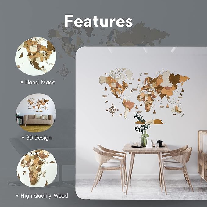 Wooden World Map 3D Art Large Wall Decor - Size (M, L, XL) Any Occasion Gift Idea - Wall Art For Home, Kitchen or Office