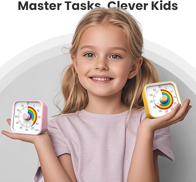 Visual Timer for Kids with Pause Function, Cute Silent Timer with Rainbow for Classroom, Teaching, Task, Kitchen, 60 Minute Countdown Time Management for ADHD (Rainbow Pink)