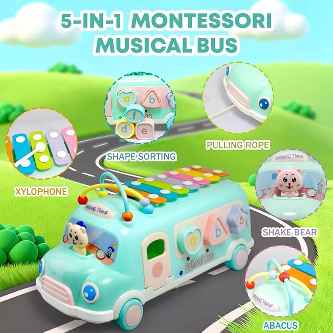 Baby Bus Xylophone Toys for 1 Year Old Girl Gifts, 5-in-1 Montessori Baby Musical Bus Toys for Toddler 1-3, Shape Sort Educational Early Learning Toy 1st First Birthday Gifts for Girls Boys