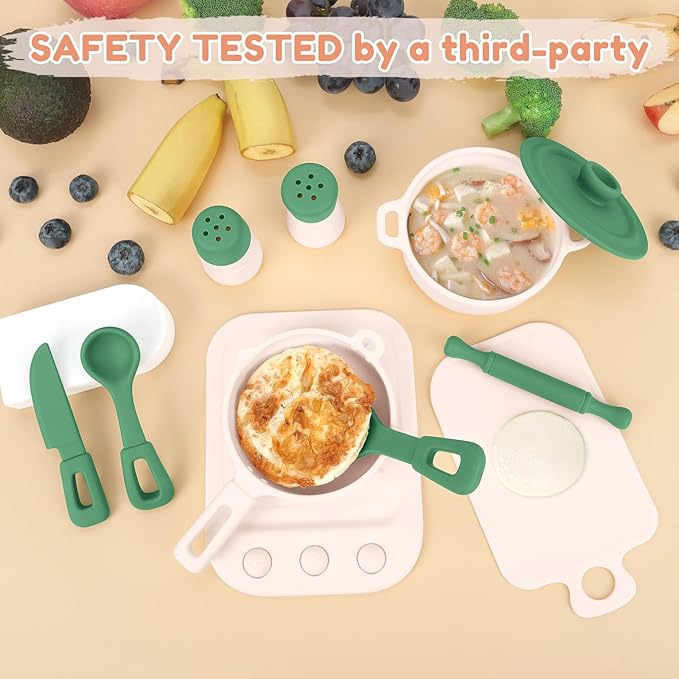 TYRY.HU Play Kitchen Accessories, 11Pcs BPA Free Silicone Pretend Play Food Sets,Play Kitchen Set,Play Kitchen Cooking Utensils Pots & Pans,Pretend Role Play Cooking Toys Gifts for Toddlers 1-3,Green
