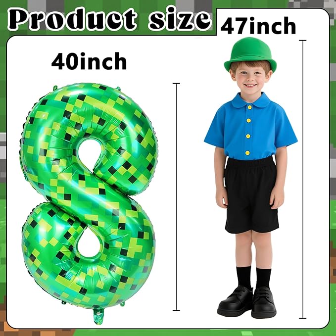 40in TNT Pixel Number 8 Balloon Birthday Decorations, Miner Theme Green Foil Balloons Blast Gaming Party Supplies