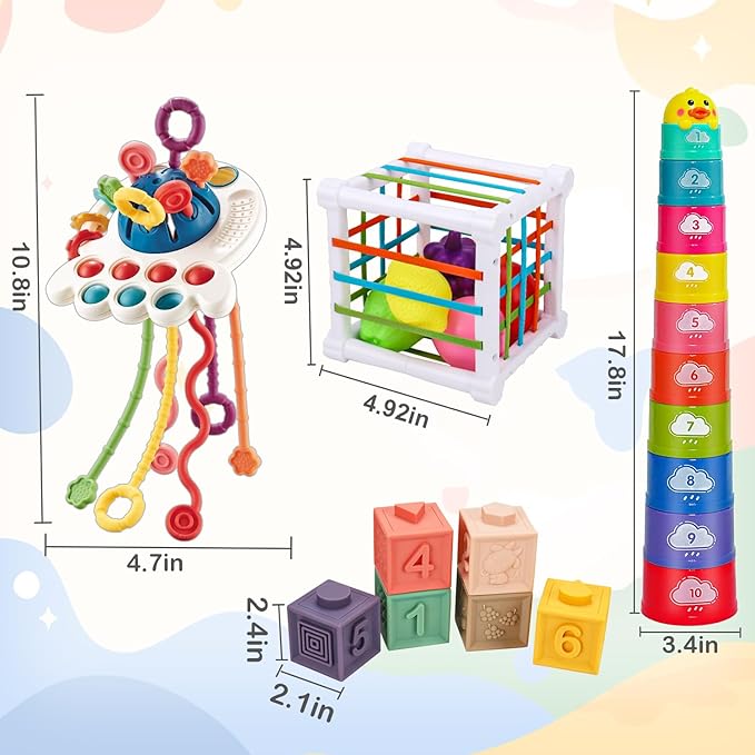 Montessori Baby Toys 6-12-18 Months, Infant Pull String Stacking Cups Shape Sorter Blocks Toy 6 7 8 9 10 11 12 M+ Sensory Development Learning Toy 6-9 9-12 Months Birthday Gift for 1 Year Old Boy Girl