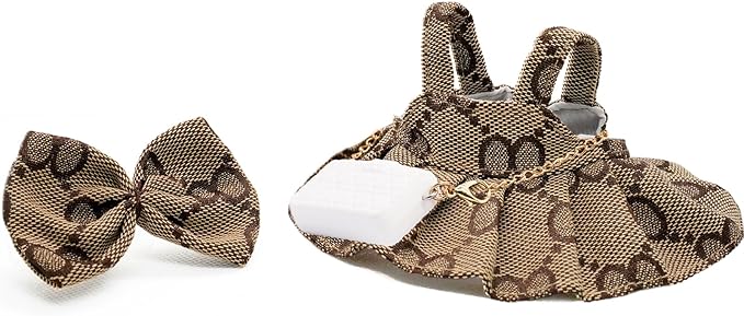 Doll Clothes Compatible with Labubu 17cm, Premium Dolls Accessories 3 Piece Set Including Chic Grid Spaghetti-Strap Dress & Bag and Bow, High-End Fashion Outfit for Play & Display - Brown