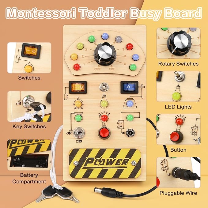 Dreamon Montessori Wooden Busy Board with 15 Led Lights - Baby Sensory Toys Light Switch Travel Toys for Ages 2-4 - Preschool Learning Activities Christmas & Birthday Gifts for Toddlers 18M+