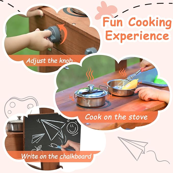 Outdoor Mud Kitchen for Kids 43.7in, Wooden Play Kitchen with Plant Growing Box, Observation Room, Sink, Faucet for Backyard Garden