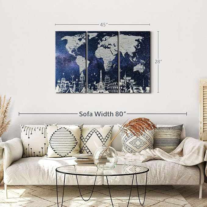 ElephantStock Starry World Map Multi Piece Canvas - 3 Panel Wall Decor - Map of the World Art - Canvas for the Office and Home - 45" X 28"