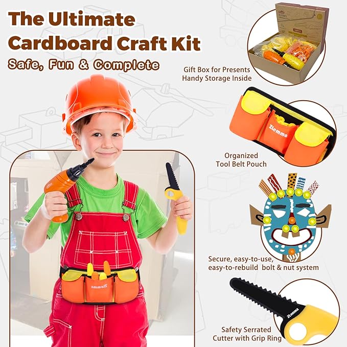 Cardboard Construction Tools Kit 124-Pieces with Waist Bag, Safety Ring Saw, Screwdriver, Waist Bag and Gift Box – Safe DIY Construction Kit for Children’s Creative Building & Crafting