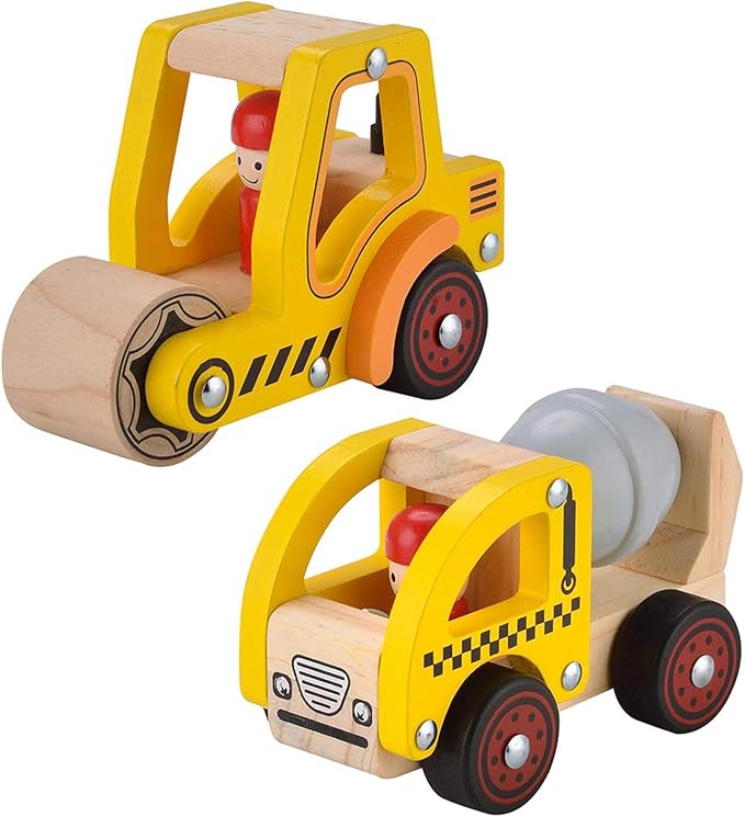 Wooden Push Car Toys for Infants 12-18 Months, 2 Pcs Baby Vehicle Toys Hand Push Car for 1 2 Year Old Boys Girls (Cement Truck + Road Roller)