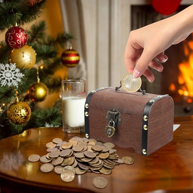 TOYANDONA Wooden Piggy Bank - Wood Treasure Chest with Lock and Key - Small Wooden Box Vintage Coin Bank Money Saving Box for Home Decor
