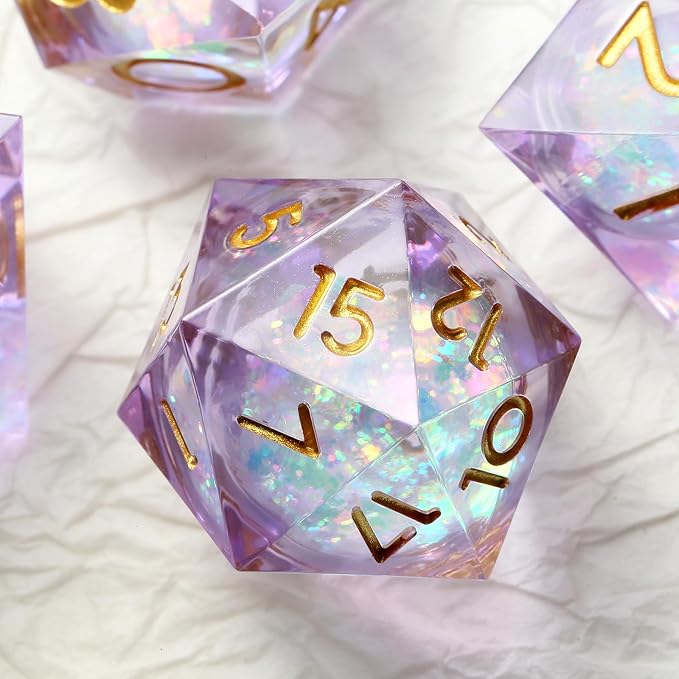 Lilac Liquid Core DND Sharp Dice,DNDND 7PCS Glitter Sparkle Sharp Edge D&D Dice with Gift Case for Dungeons and Dragon Game (Lilac)