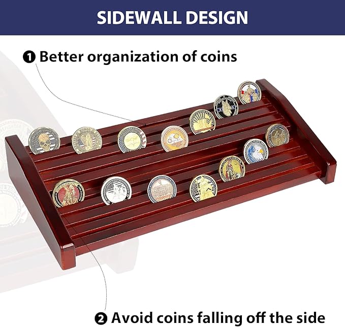 Challenge Coin Holder Display Case - 2 Tiers Solid Wood Military Coin Rack for 60-70 Coins, Army Coin Stand for Desk Display, Mahogany