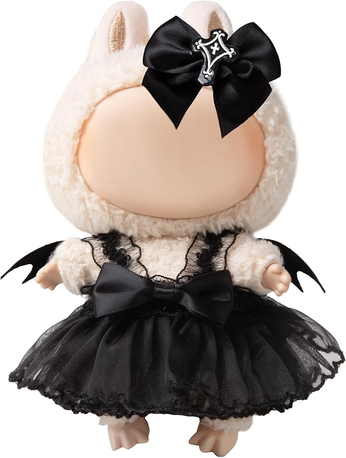 17cm Doll Clothes for Labubu Halloween - Kawaii Chic Style Set for 17cm Dolls, Cute Doll Outfit with Accessories - Black Halloween Dress with Bat + Black Corss Bow (Clothes Only)