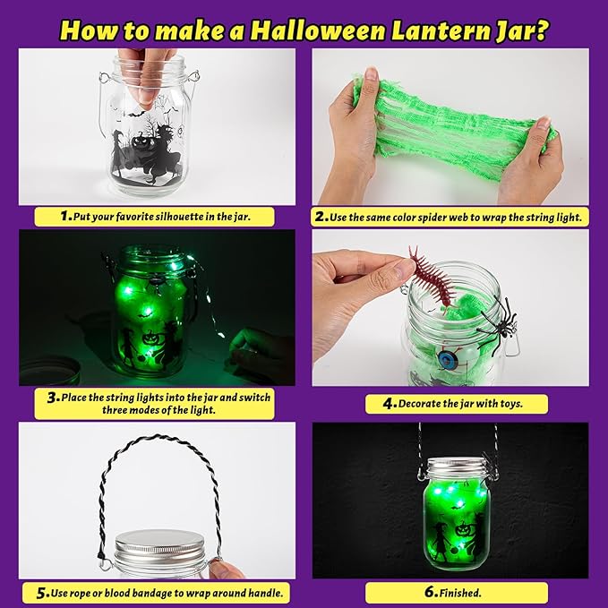Halloween Craft for Kids,4PCS Halloween Mason Jar Kit with Accessories for Kids DIY,Halloween-Theme Art Activities Supplies Gifts for Kids Aged 4-12,Party Decoration Classroom Trick or Treat