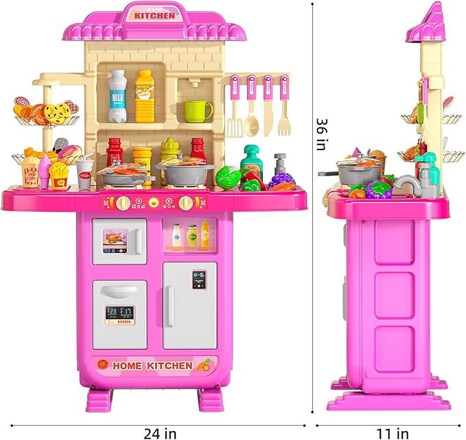 TEMI Pretend Food Kitchen Toys for Girls Age 3 4 5 6 7 8 - Kitchen Accessories Platset with Sound and Light, Cutting Food Toy, Pretend Play for Kids, Indoor Outdoor Cooking Set, Birthday Gifts 8-9