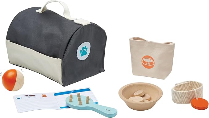 PlanToys® Pretend Pet Care Play Set for Kids | Animal Carrier with Brush, Food, Bowl, Ball, Collar & Accessories | Montessori Toy for Toddlers | Educational Gift for Boys & Girls