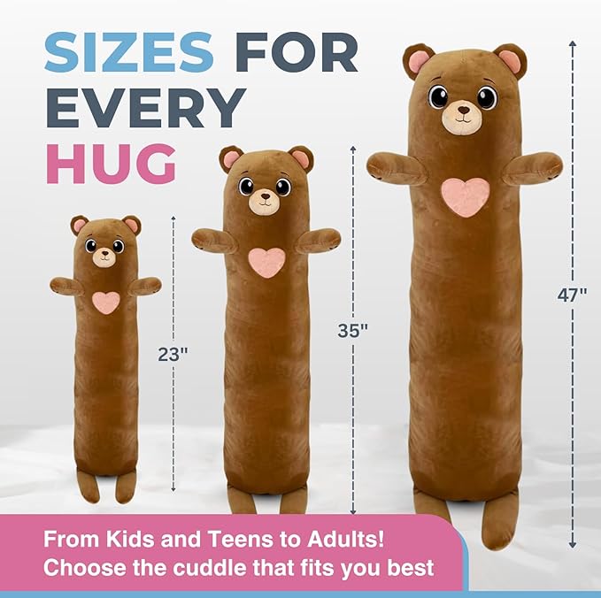 Bear Plush Body Pillow for Kids | Long Stuffed Animal Cuddle Pillow | Soft Hugging Toy | Plushie Gift for Girls & Boys | Long Plush Body Pillow for Sleep & Comfort | Medium, 35 Inches
