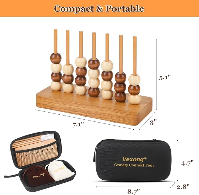 4 in a Row Game Wooden - 4 Connect in a Row Classic Strategy Game for Adults Kids,Four Connect Same Colour in a Row,Portable Travel Games Family Board Games with Storage Bag