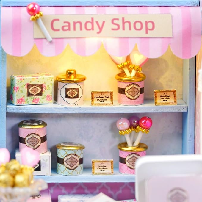 DIY Miniature House Kit, Mini House Building Kit with LED & Dust Cover, DIY Wooden Dollhouse Miniature Kit for Adults Teen, Wooden Crafts Lovely Dollhouse Kit, Yummy Candy