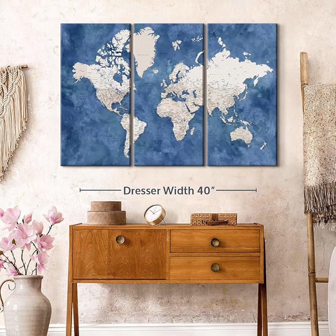ElephantStock Detailed World Map With Cities I Wall Art - Horizontal Canvas - 3-Piece Living Room Decor - Watercolor Map Canvas Print - Beige and Blue Wall Decor by Blursbyai - 50" X 32"