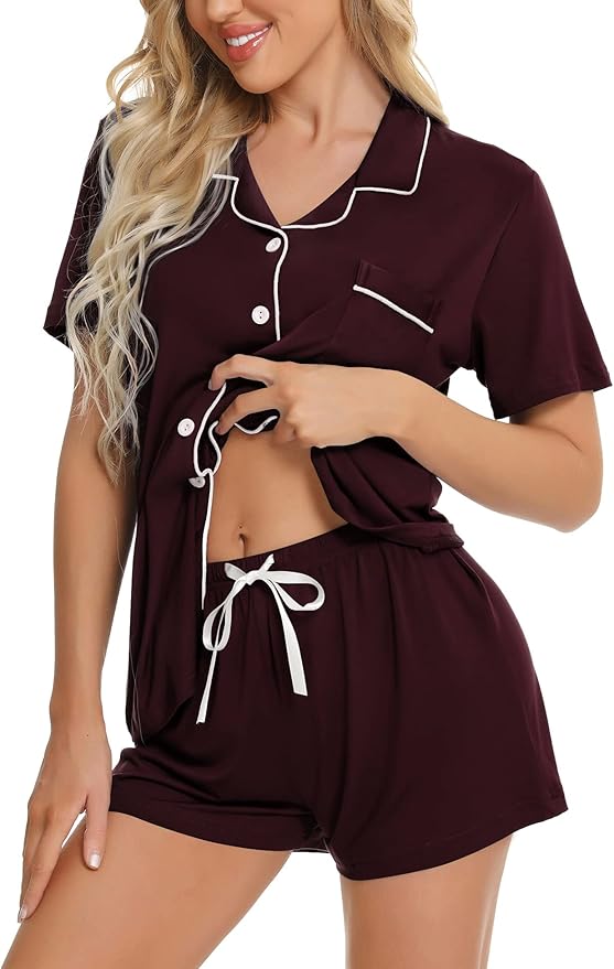 SWOMOG Womens Button Down Pajamas Set Short Sleeve Sleepwear Bride Soft Pj Lounge Sets XS-3XL
