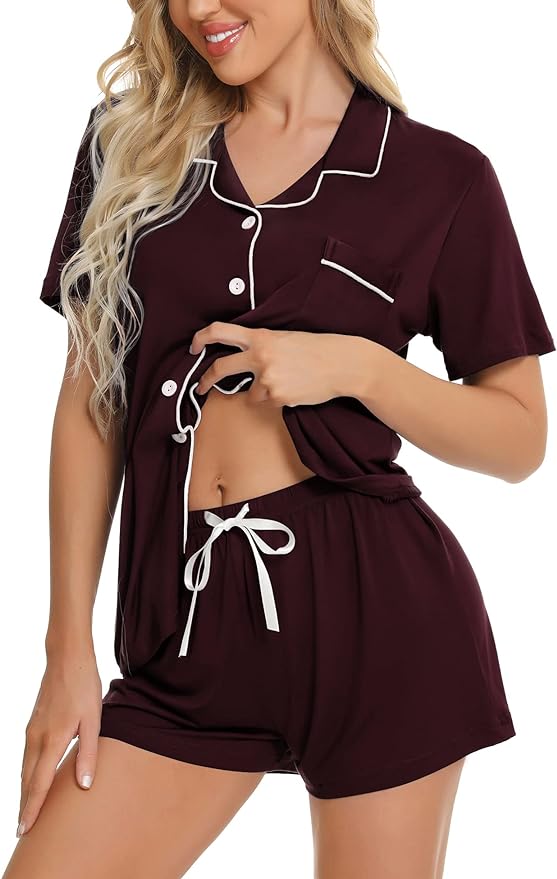 SWOMOG Womens Button Down Pajamas Set Short Sleeve Sleepwear Bride Soft Pj Lounge Sets XS-3XL