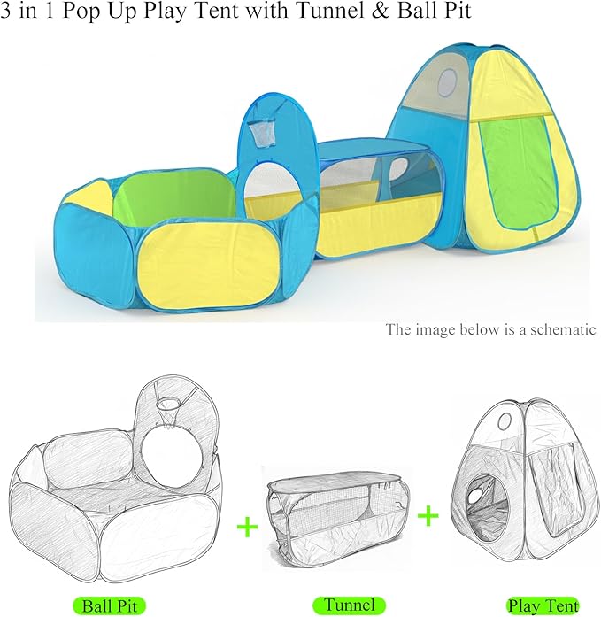 3 in 1 Kids Play Tent with Tunnel & Ball Pit,Pop Up Indoor/Outdoor Playhouse for Boys and Girls,Crawling Tunnel Toy with Fun Toss It Game Zone,Easy Setup Foldable Carry Bag (Balls Not Included)